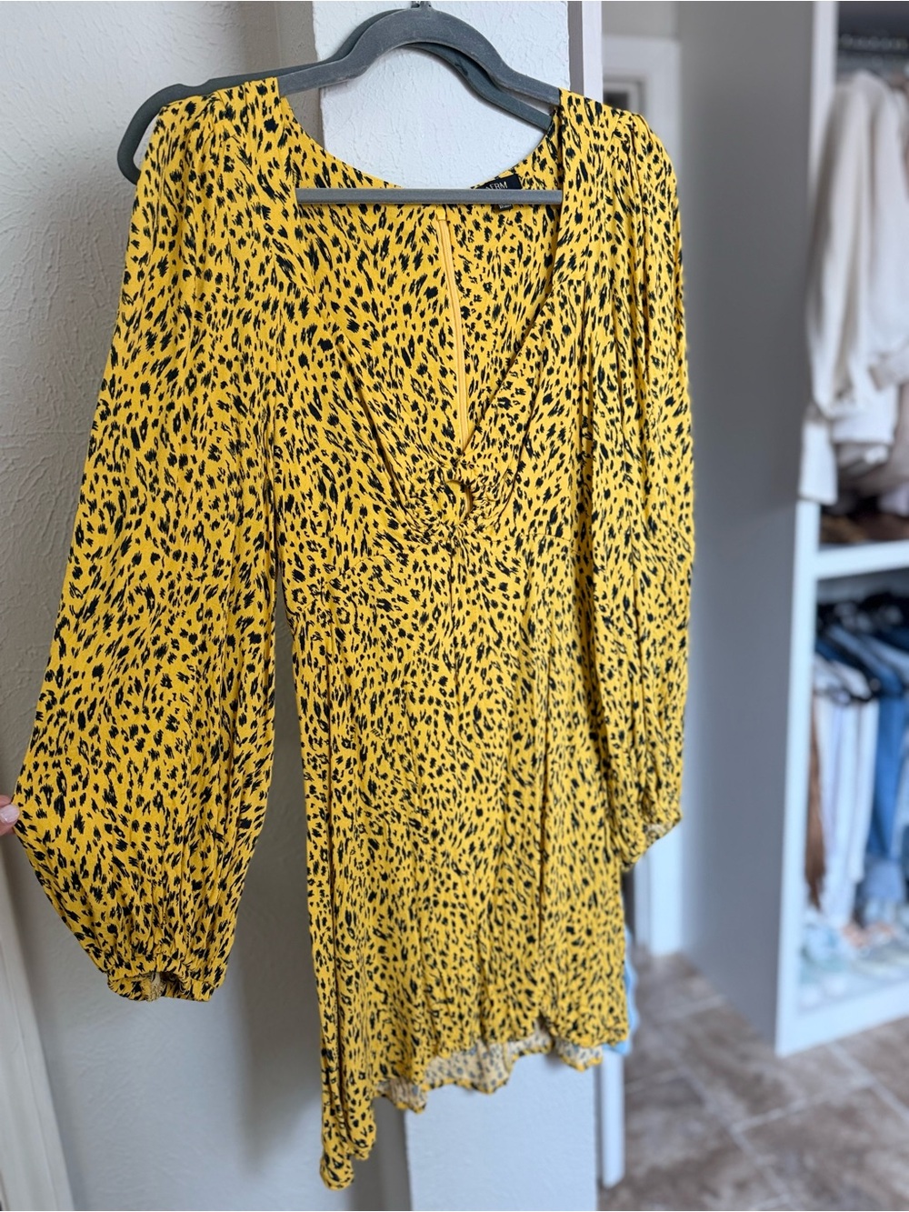 AFRM Yellow & Black Printed Long Sleeve Mini Dress